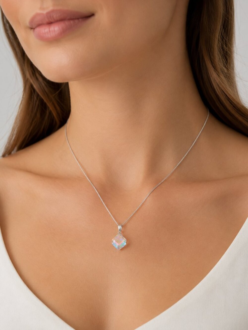 NWT Silver Necklace Made with Swarovski Crystal AB Cube Pendant 10mm